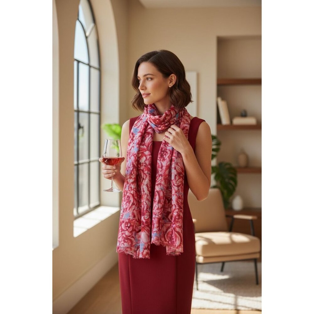Floral Pattern Pink & Blue Lightweight Scarf Wrap For Women 72" Long x 26" Wide - Picture 10 of 16